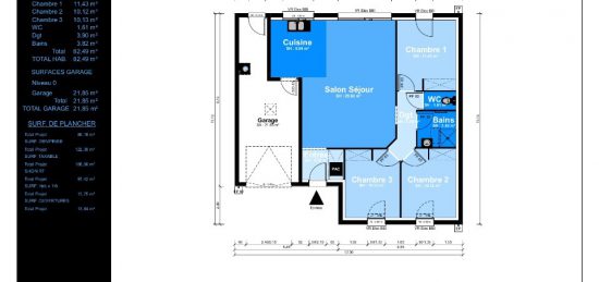 Plan de maison Surface terrain 83 m2 - 4 pièces - 3  chambres -  avec garage 