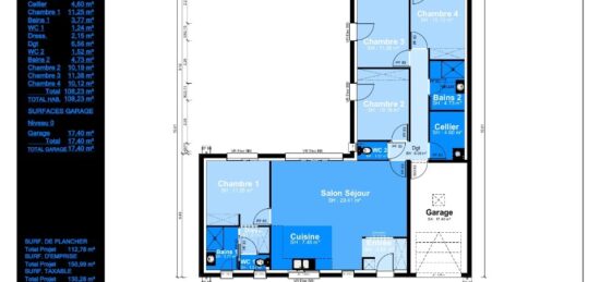 Plan de maison Surface terrain 108 m2 - 5 pièces - 4  chambres -  avec garage 