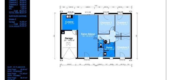 Plan de maison Surface terrain 80 m2 - 5 pièces - 3  chambres -  avec garage 