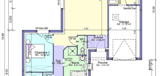 Plan de maison Surface terrain 95 m2 - 5 pièces - 3  chambres -  avec garage 