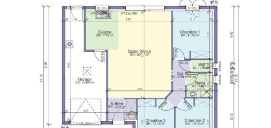 Plan de maison Surface terrain 80 m2 - 5 pièces - 3  chambres -  avec garage 