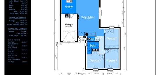 Plan de maison Surface terrain 82 m2 - 5 pièces - 3  chambres -  avec garage 