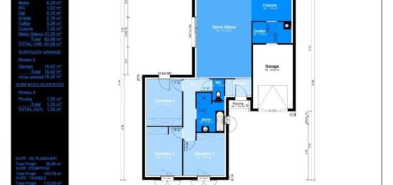 Plan de maison Surface terrain 93 m2 - 5 pièces - 3  chambres -  avec garage 