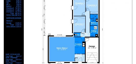 Plan de maison Surface terrain 95 m2 - 4 pièces - 3  chambres -  avec garage 