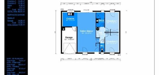 Plan de maison Surface terrain 70 m2 - 4 pièces - 2  chambres -  avec garage 