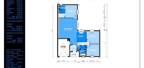 Plan de maison Surface terrain 98 m2 - 4 pièces - 3  chambres -  avec garage 