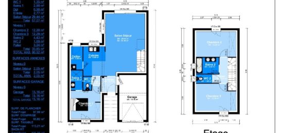 Plan de maison Surface terrain 91 m2 - 4 pièces - 3  chambres -  avec garage 