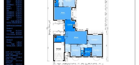 Plan de maison Surface terrain 125 m2 - 5 pièces - 4  chambres -  avec garage 