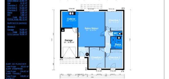 Plan de maison Surface terrain 90 m2 - 4 pièces - 3  chambres -  avec garage 