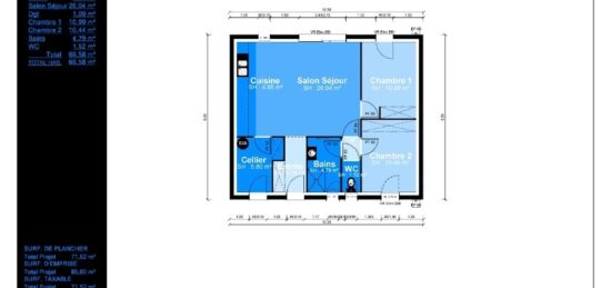 Plan de maison Surface terrain 70 m2 - 3 pièces - 2  chambres -  sans garage 