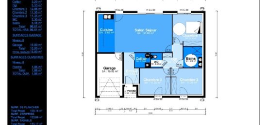 Plan de maison Surface terrain 96 m2 - 4 pièces - 3  chambres -  avec garage 