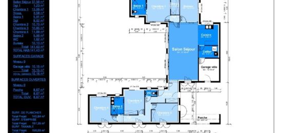 Plan de maison Surface terrain 141 m2 - 6 pièces - 5  chambres -  avec garage 