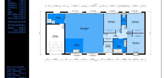 Plan de maison Surface terrain 115 m2 - 4 pièces - 3  chambres -  avec garage 