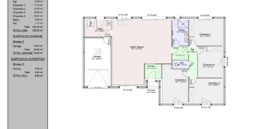 Plan de maison Surface terrain 109 m2 - 5 pièces - 4  chambres -  avec garage 