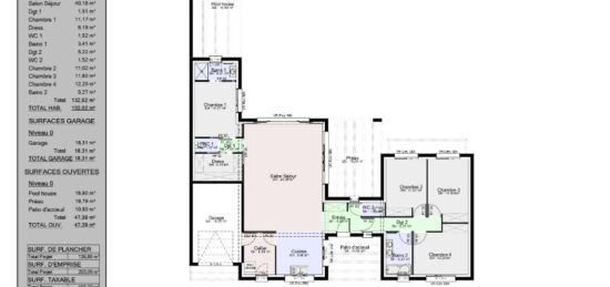 Plan de maison Surface terrain 132 m2 - 5 pièces - 4  chambres -  avec garage 